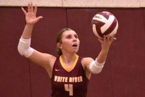 FILE PHOTO BY KEVIN HANSON
There have been many bright spots for the White River volleyball team that had compiled a perfect 10-0 record through games of last week and climbed to the top of the 3A NPSL standings. Among the Hornet standouts has been sophomore Taylor Arnold, pictured here during an early-season match against Enumclaw High.