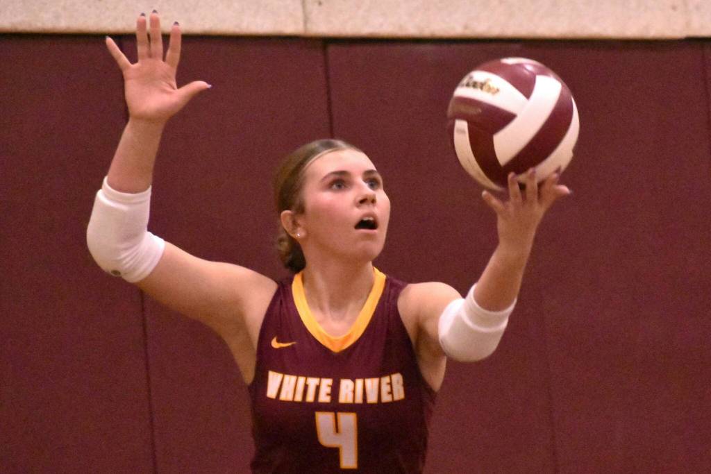 FILE PHOTO BY KEVIN HANSON There have been many bright spots for the White River volleyball team that had compiled a perfect 10-0 record through games of last week and climbed to the top of the 3A NPSL standings. Among the Hornet standouts has been sophomore Taylor Arnold, pictured here during an early-season match against Enumclaw High.