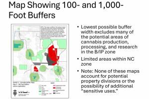 These two images show different marijuana retail zoning regulations Black Diamond councilmembers could adopt and how it could affect where those retailers could operate within the city. The red area represents where retailers can operate, and the black where marijuana producers and processors could set up. The dark green are places like schools and playgrounds (mandatory 1,000 foot barrier). The light green areas are mostly open space like Lake Sawyer Park and the Black Diamond Open Space, but also playgrounds and the community center. This image demonstrates how a 100-foot buffer between retailers and anything operating in the light green areas would affect pot shops. See below for an image with a 1,000-foot barrier. Image courtesy the city of Black Diamond