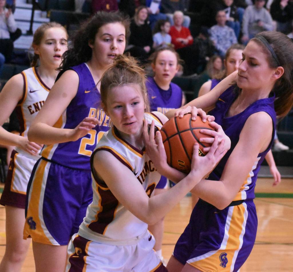 EHS Kalee Swanson wrestling for a loose ball at state competition victory over the Columbia River Rapids last year. File photo by Kevin Hanson
