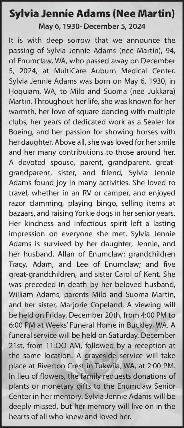 Obit for Sylvia Adams
