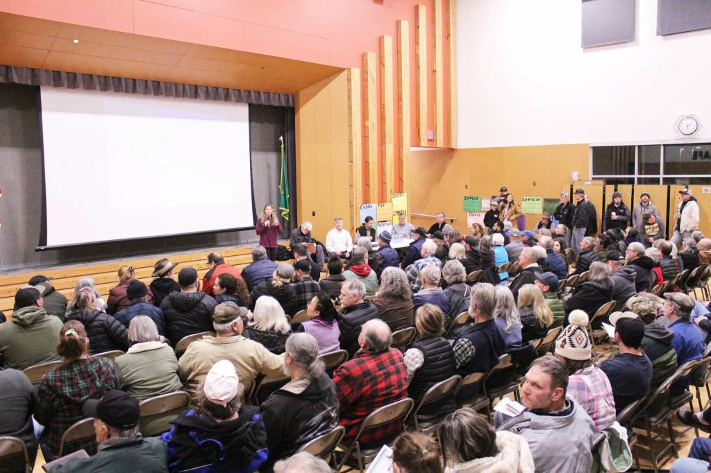 Photo by Ray Miller-Still 
The Black Diamond Elementary gym was filled on Feb. 27 to with locals eager to ask questions about Segale Propertys proposed mine north of Cumberland.