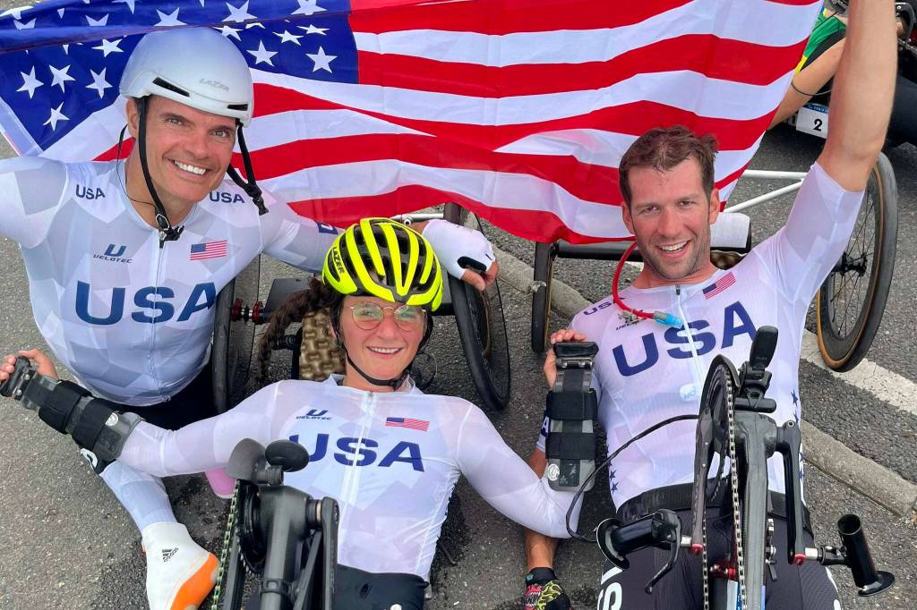 Courtesy photo 
Team USA rally hand bikers Travis Gaertner, Katerina (Kate) Brim, and Matt Tingley; the team took the bronze in the Paris Paralympics last September.