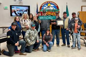 The Britschgi family at the Jan. 28 Buckley City Council meeting receiving a street sign in honor of Bob Britschgis service to the city and its community. 
Photo courtesy Ashley Britschgi
