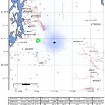 A shake map of the Feb. 18 Lester earthquake. The blue area indicates where shaking was recorded; the green circle indicates the city of Enumclaw. Image courtesy the Pacific Northwest Seismic Network