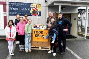 Enumclaw School Districts Westwood, Southwood, and Byron Kibler elementary schools, as well as the Birth to Five Center, all took part in a recent food drive. This year, the kids collected nearly 2,800 pounds of food. Pictured are (left to right) students Charlotte Twehus, Ellis Greene, Paisley Stafford, Reese Lawson, and Kasey Roberts.