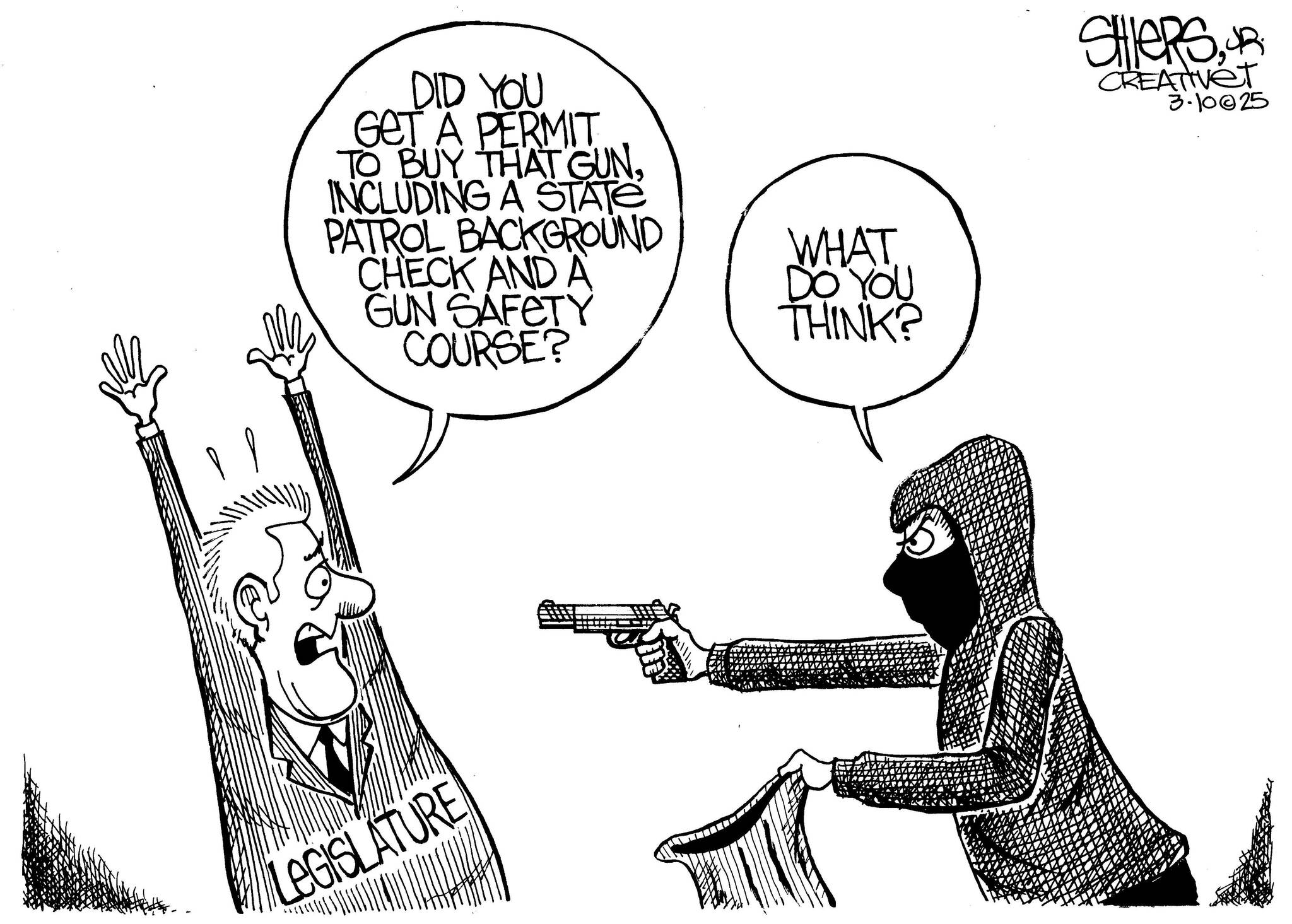 Frank Shiers, Jr. is a longtime King County resident and has drawn political cartoons for over forty years. He creates at least four cartoons a week, which are published in a dozen newspapers.