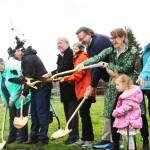 Pictured breaking ground at the Doc Tait Pavilion is Foothills Historical Society Treasurer Jean Contreras, Buckley City Council member Ron Smith, Pierce County Council member Dave Morell, former Buckley Mayor and Foothills Rails to Trails Secretary Pat Johnson, former state Rep. Eric Robertson, former Rails to Trails Executive Shayla Miles, Rails to Trails Board member Robin Partington, and Pepper Miles. Photo by Ray Miller-Still