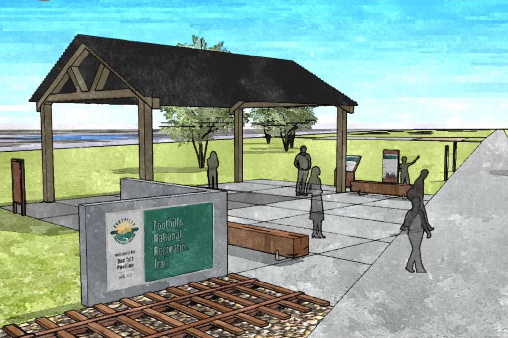 A view of the Doc Tait Pavilion from the southwest. Image courtesy Foothills Rails to Trails