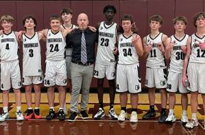 The Enumclaw Middle School boys basketball team earned a Plateau League championship by finishing their season with a perfect 10-0 record. Even more impressive, this marked the third year in a row the Timberwolves finished as undefeated league champs. The EMS team is a combined group of sixth-, seventh- and eighth-grade students.
Coach Patterson and I have had great talent and amazing young men come through our program these last few years, head coach Sam White said in an emailed report. Their work ethic and high expectations is what has separated them from their competition.
The accompanying photo was taken following the teams final game of the season. Pictured, from left, are: Brice Dunham, Jack Connelly, Anderson Blair, Luke Cheney, Levi Hanson, Hunter Gura, head coach Sam White, Zelalem Poulin, Jack Wasson, Kortland Patterson, Liam Harding, Ryan McKee-Price, Logan Johnson and assistant coach Jason Patterson.