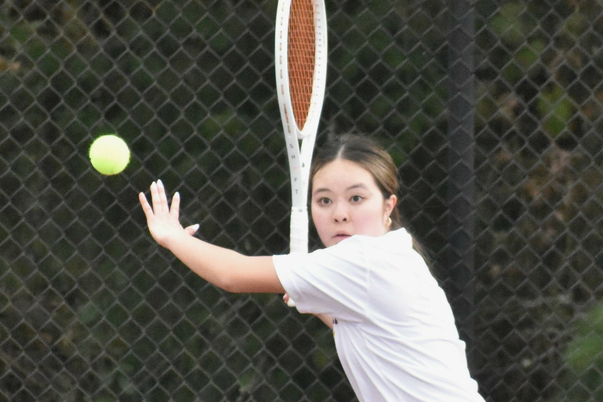 PHOTO BY KEVIN HANSON 
White River sophomore Cydnee Chapin put together an impressive string of victories during the early part of the prep tennis season, playing in the No. 1 singles slot for the Hornets. Success is nothing new for Chapin, who went undefeated in league play last year, swept the league tournament, placed third in the district tourney and capped her freshman season with a sixth-place finish at the Class 2A state tournament. Her winning ways have followed White Rivers jump to the Class 3A ranks and membership in the North Puget Sound League