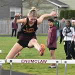 Its spring break at Enumclaw High, so the Hornet track and field program is taking a week off from competition, preparing to host Auburn Riverside on Thursday, April 24. Among those who have been counted on to provide EHS with team points (shown here during an early-April meet) is hurdler Isabella Pohlman. Photo by Kevin Hanson