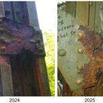 A comparison of some steel support deterioration between 2024 and this year. Photo courtesy Washington State Department of Transportation
