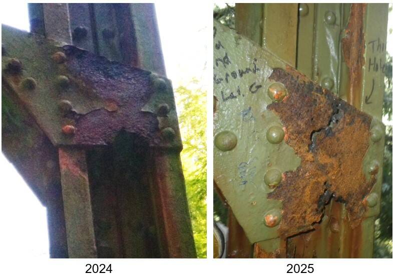 A comparison of some steel support deterioration between 2024 and this year. Photo courtesy Washington State Department of Transportation