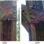 A comparison of some steel support deterioration between 2022 and 2024. Photo courtesy Washington State Department of Transportation