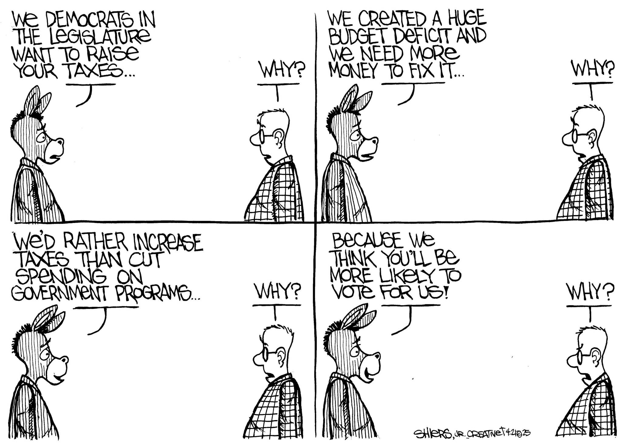 Frank Shiers, Jr. is a longtime King County resident and has drawn political cartoons for over forty years. He creates at least four cartoons a week, which are published in a dozen newspapers.
