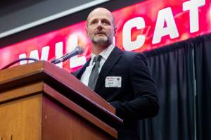 PHOTO COURTESY ANDY GUERRERO/CWU 
Jason Patterson addresses the crowd during Saturday nights Athletic Hall of Fame ceremony on the campus of Central Washington University.