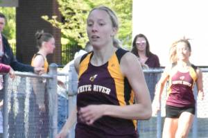 FILE PHOTO BY KEVIN HANSON 
Among the Plateau athletes competing at this weeks Class 3A state track and field championships will be White Rivers Vivian Kingston. During last weeks district competition the Hornet senior qualified for state in both the 400 and 800 meters. In this photo, she finishes a victorious race during an early-May meet.