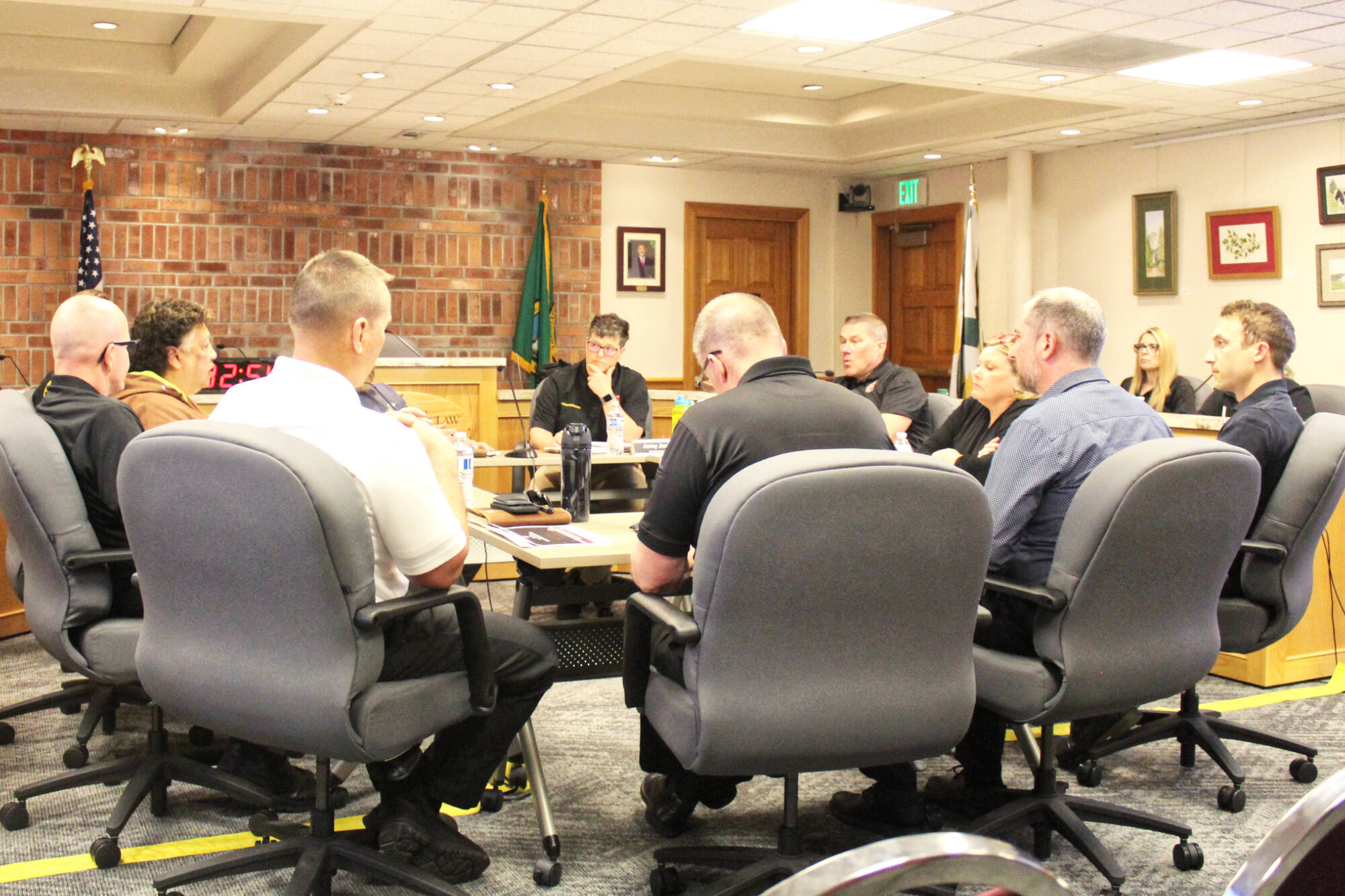 The Enumclaw Fire Departments Board of Commissioners met with the Puget Sound Regional Fire Authority last Wednesday, May 28, at city hall to discuss how the department can cut costs before it has to use reserve funds to balance its budget. Photo by Ray Miller-Still