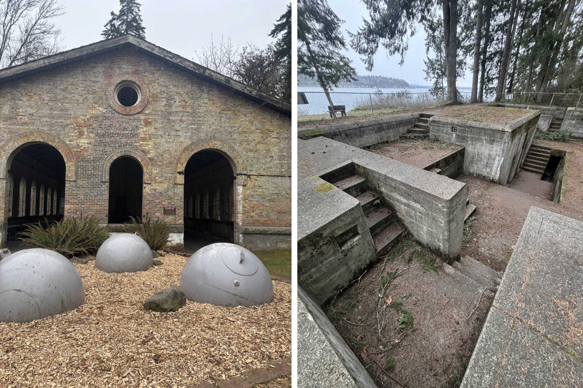 PHOTOS BY KEVIN HANSON Remnants of our nations military past are found at Manchester State Park. Shown here are the torpedo warehouse, which once housed mines designed to protect Bremertons shipyards, and Battery Mitchell, which was nearly completed but never received its rapid-fire guns.