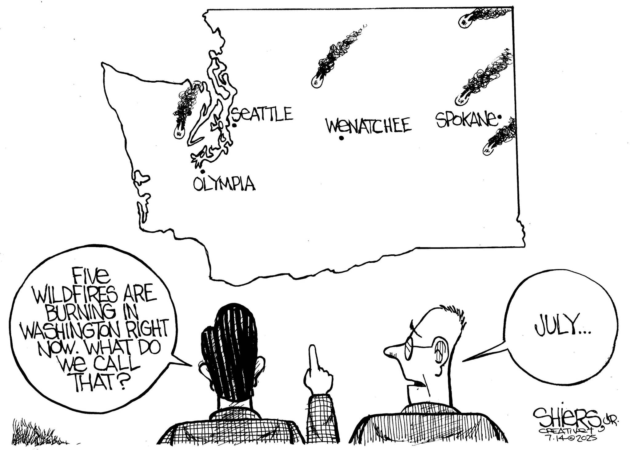 Frank Shiers, Jr. is a longtime King County resident and has drawn political cartoons for over forty years. He creates at least four cartoons a week, which are published in a dozen newspapers.