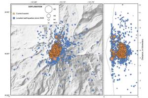 USGS data showing where the current swarm earthquakes have been occurring at Mount Rainier. The left panel is a topical view; the right panel is looking at the east side of the mountain and shows the depth of the quakes. Image courtesy United States Geological Survey