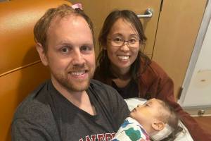 Aya and Derek Tulluck with Safina at Stanford Health Care, Palo Alto, after her surgery. Courtesy Photo