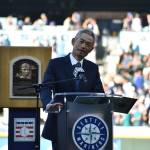 Ichiro takes the podium during his number retirement ceremony. Ben Ray / Sound Publishing