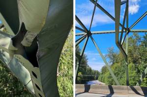 The White River Bridge sustained heavy damage when a truck hit all seven of its panels. Photo courtesy Washington State Department of Transportation