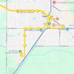 A screenshot of the Route 915s path through Enumclaw with the temporary stop at Enumclaw Middle School, where there is free parking. See below for schedule times.