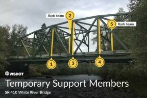 Here are the five places the Washington State Department of Transportation plans to attach temporary bracers to the White River Bridge. Photo courtesy WSDOT