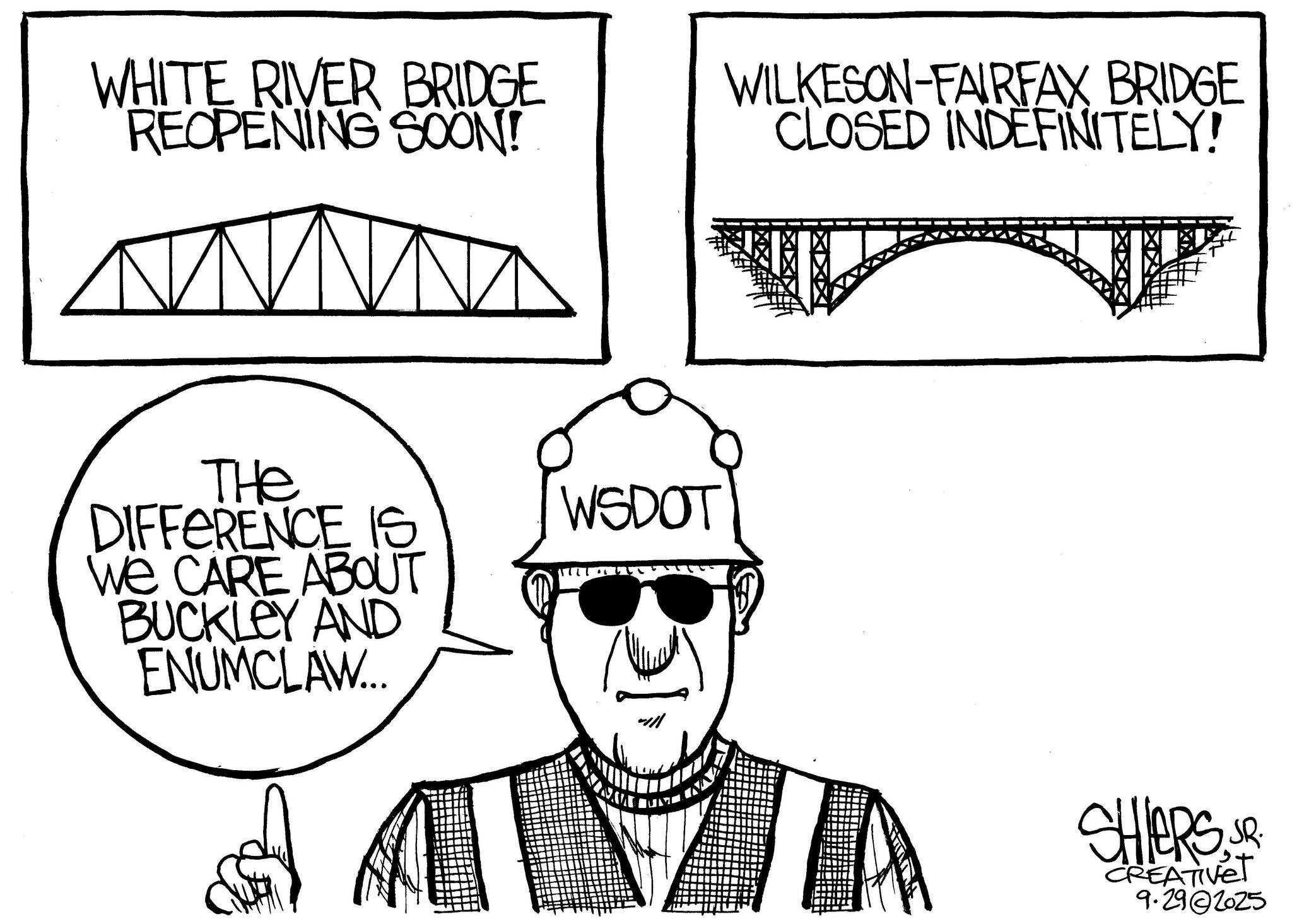 Frank Shiers, Jr. is a longtime King County resident and has drawn political cartoons for over forty years. He creates at least four cartoons a week, which are published in a dozen newspapers.