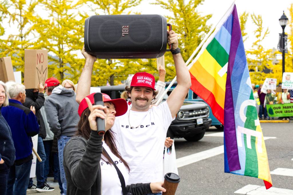 Counter-protesters got down to songs like Ice Ice Baby and YMCA at the event. Photo by Ray Miller-Still