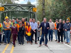 Photo courtesy Reagan Dunn
Council member Reagan Dunn spoke at the White River bridge on Oct. 16 when Gov. Bob Ferguson announced it would open the next day; Dunn thanked the governor, WSDOT, and all parties involved for working hard to open the bridge ahead of schedule.