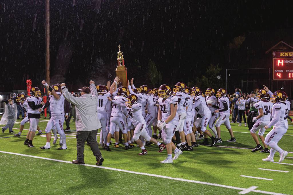 Nothing could dampen White Rivers spirits after the Hornets took home last Friday the Battle of the Bridge trophy for the first time in 17 years. Photo by Vic Wright
Nothing could dampen White Rivers spirits after the Hornets took home last Friday the Battle of the Bridge trophy for the first time in 17 years. Photo by Vic Wright