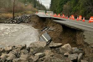 Emergency work has started on SR 410 after the road was closed earlier this month when Boise Creek washed sediment under the highway away during a flood. Photo courtesy WSDOT