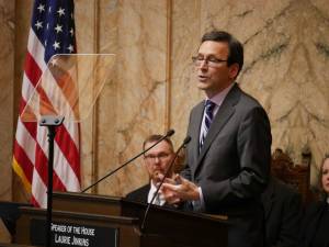 Gov. Bob Ferguson delivers his State of the State address on Jan. 13, 2026 in the House chamber at the Washington state Capitol. Photo by Bill Lucia/Washington State Standard