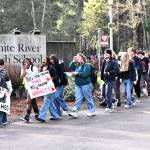 About 75 White River High students participated in the nation-wide “Free America” walkout on Jan. 20; the organizer was Sofia Gomez, pictured here in a green sweatshirt, fifth from the front of the group. Photo by Ray Miller-Still