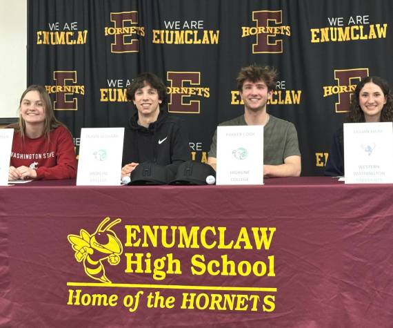 <p>SUBMITTED PHOTO Enumclaw High athletes who recently signed a letter-of-intent with collegiate programs were (from left}: Lillian Pedersen, Travis Leonard, Parker Cook and Lillian Haas.</p>