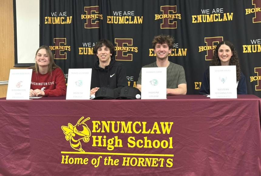 <p>SUBMITTED PHOTO Enumclaw High athletes who recently signed a letter-of-intent with collegiate programs were (from left}: Lillian Pedersen, Travis Leonard, Parker Cook and Lillian Haas.</p>