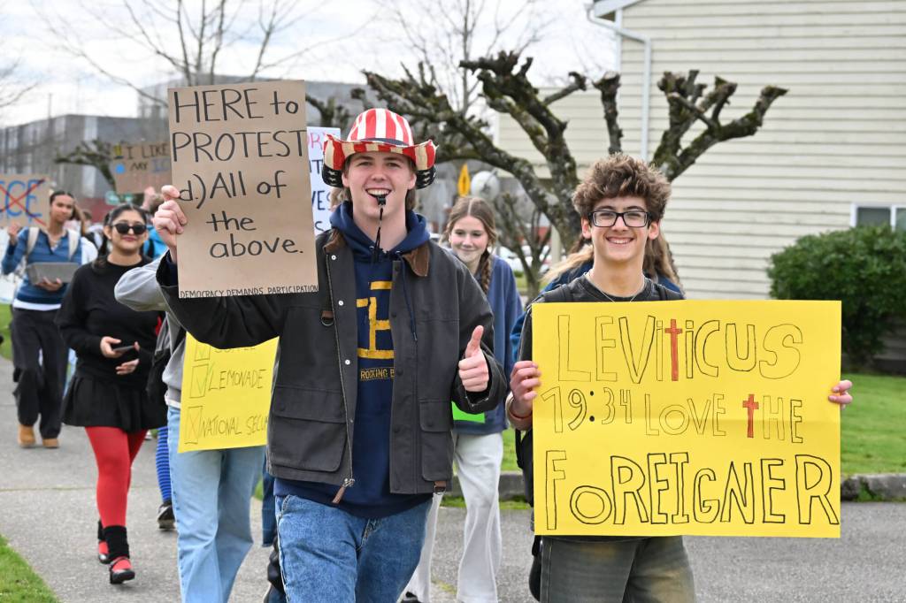 Photo by Ray miller-Still
Students walked nearly two miles in a circuitous route from Enumclaw High to Enumclaws City Hall.