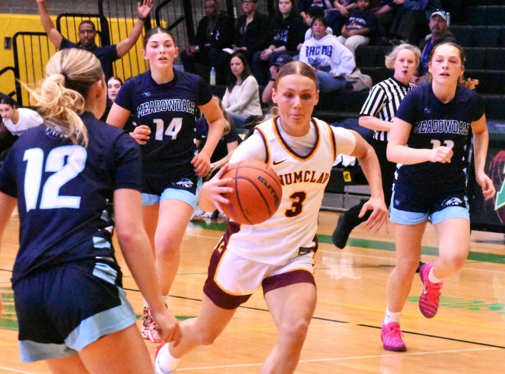 Callie Almli looks for an open lane to the hoop during Saturdays state tourney contest against Meadowdale.