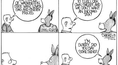 Frank Shiers, Jr. is a longtime King County resident and has drawn political cartoons for over forty years. He creates at least four cartoons a week, which are published in a dozen newspapers.