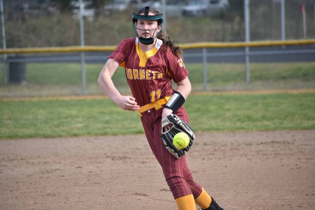 Natalie Harris throws a pitch against Decatur in the 12 run win. Ben Ray / The Herald.