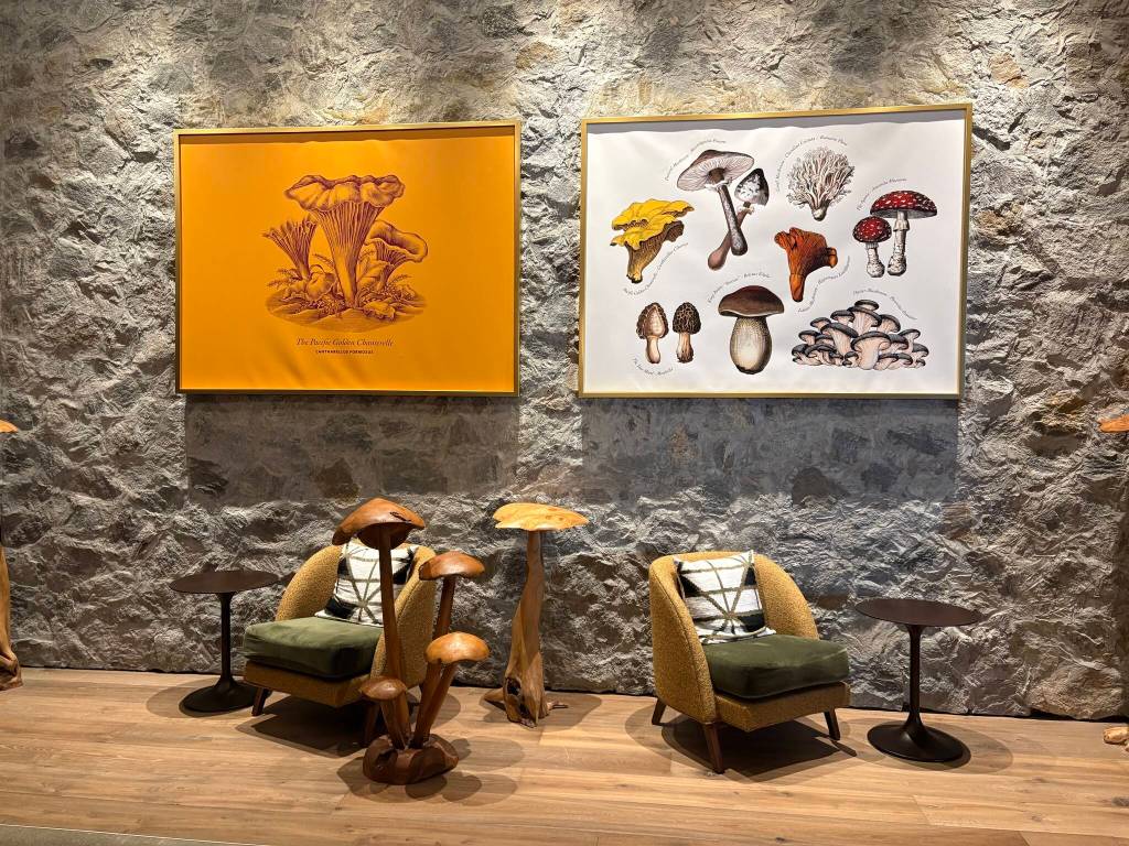 SOMM Hotel lobby with Sasquatch and mushroom-themed furnishings. Photo by Mindy Stern
