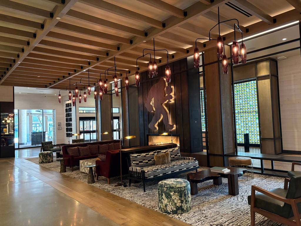 SOMM Hotel lobby with Sasquatch and mushroom-themed furnishings. Photo by Mindy Stern