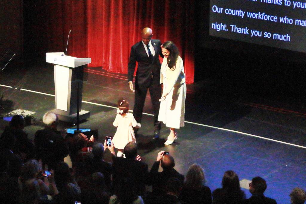 King County Executive Girmay Zahilay with his wife and daughter at his State of the County address on June 10 in Federal Way. Photo by Keelin Everly-Lang / the Mirror.